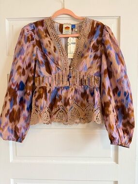 FARM Rio Lace-Trim V-Neck Blouse